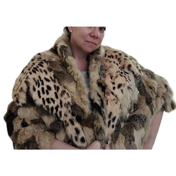 Vintage Rabbit Fur Cape One Size Winners Circle Brown Tan Patchwork Shawl Coat - Picture 2 of 15